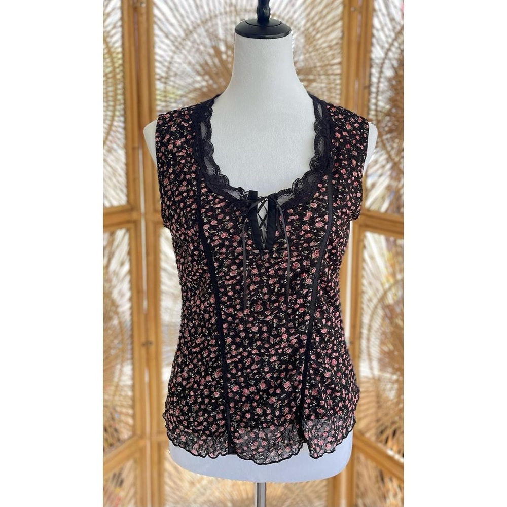 Vintage CDW Creative Design Works Black Lace Pink Floral Print Sleeveless Top